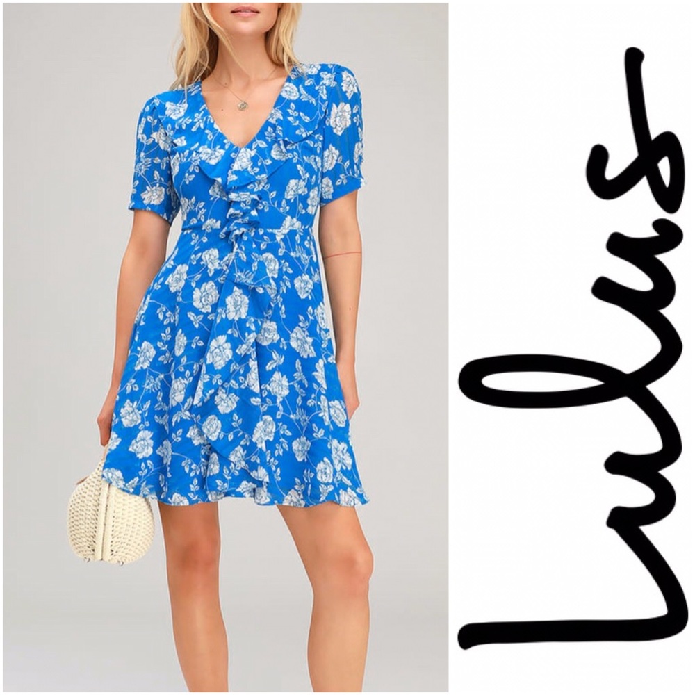 NWT LuLus Ruffle Floral Blue & White Skater Ximena Mini Dress Women's Size Small